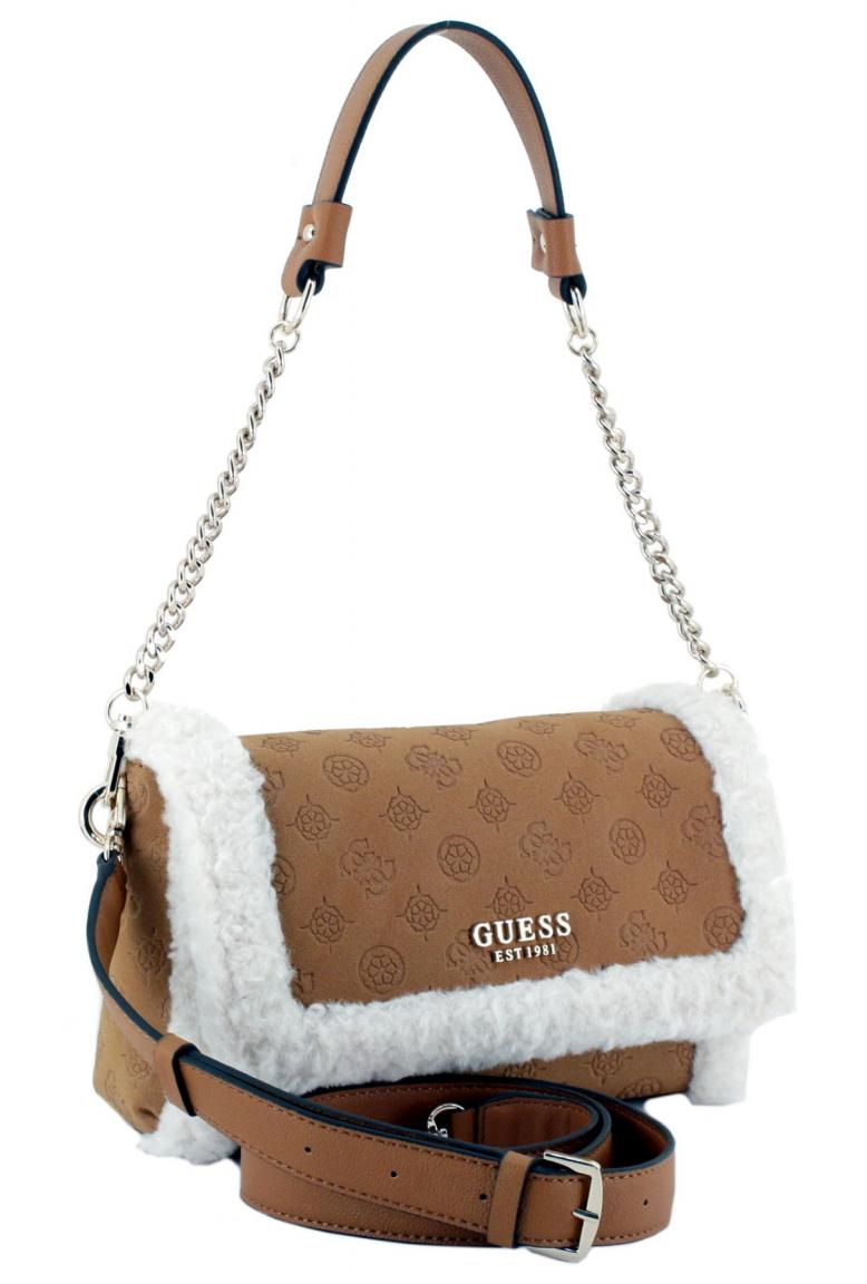 Guess Davika Überschlagtasche mit Kunstfell Cognac Allovermuster