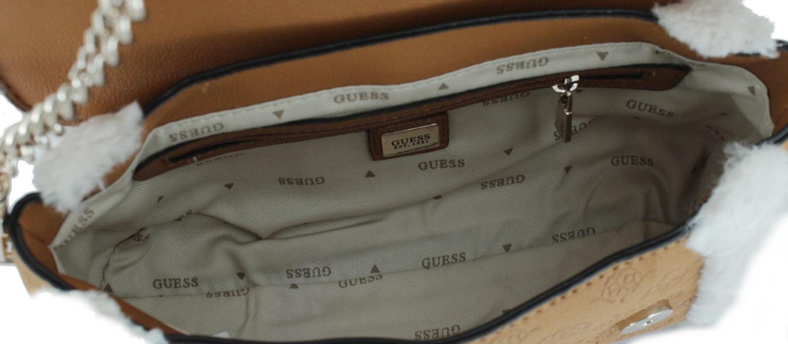 Guess Davika Überschlagtasche mit Kunstfell Cognac Allovermuster