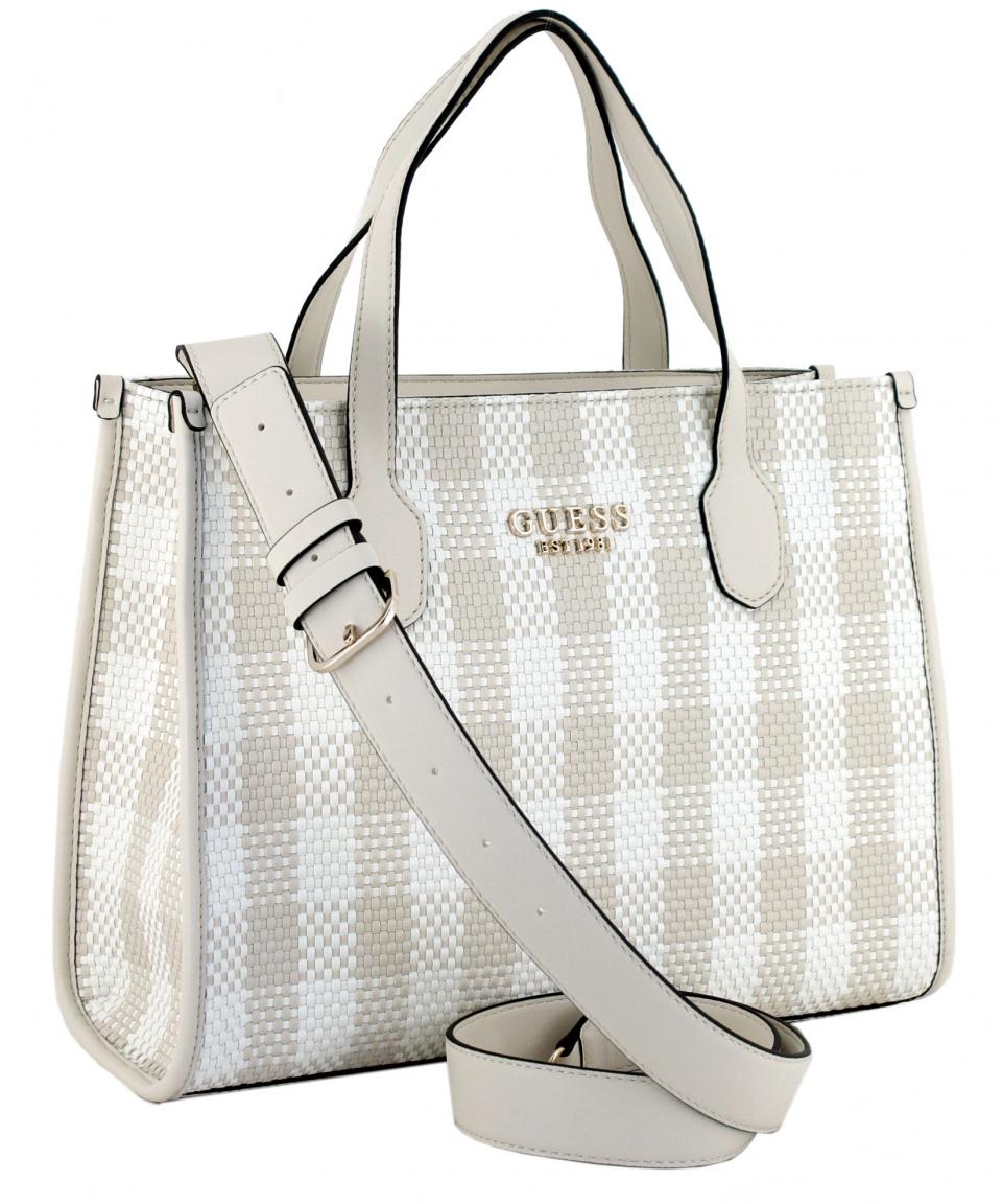 Guess Silvana Stone Multi karierte Handtasche Flechtoptik beige weiß