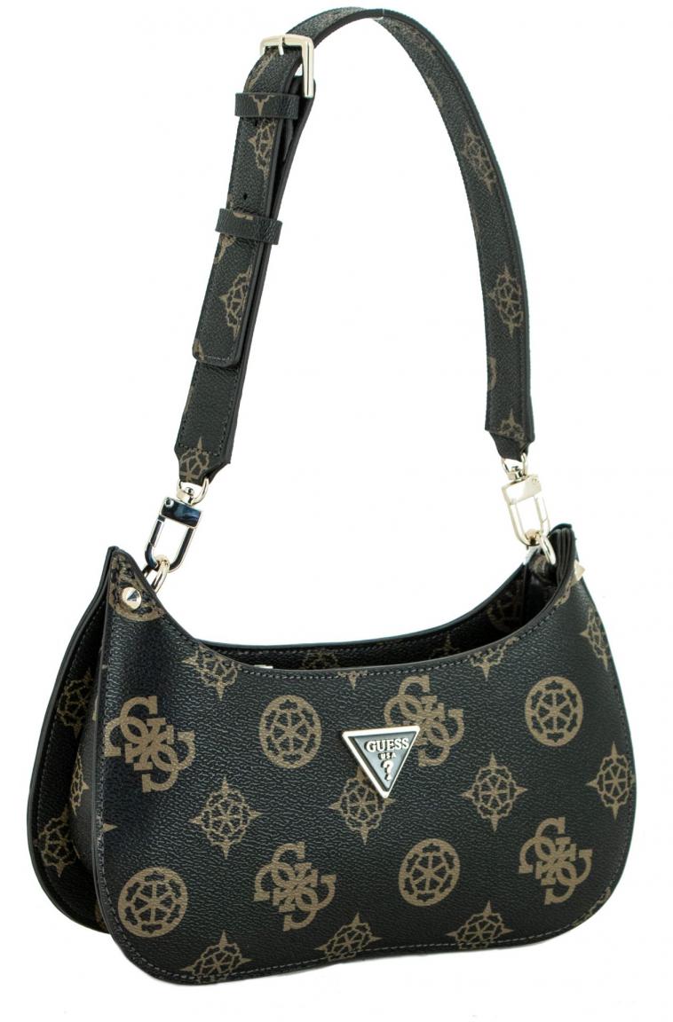 elegante Abendtasche Guess Meridian Mini dunkelbraun Mocha Logo